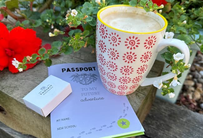 Mug of coffee on garden table